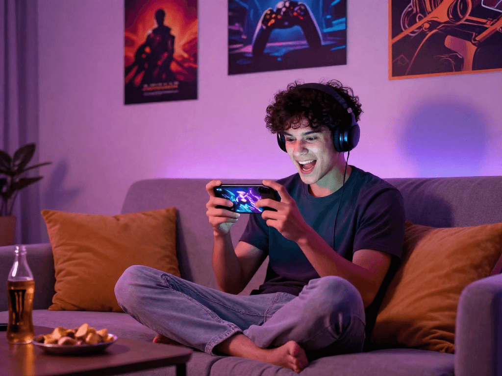 Enjoying mobile porn games on a smartphone with vibrant graphics in a cozy setting.