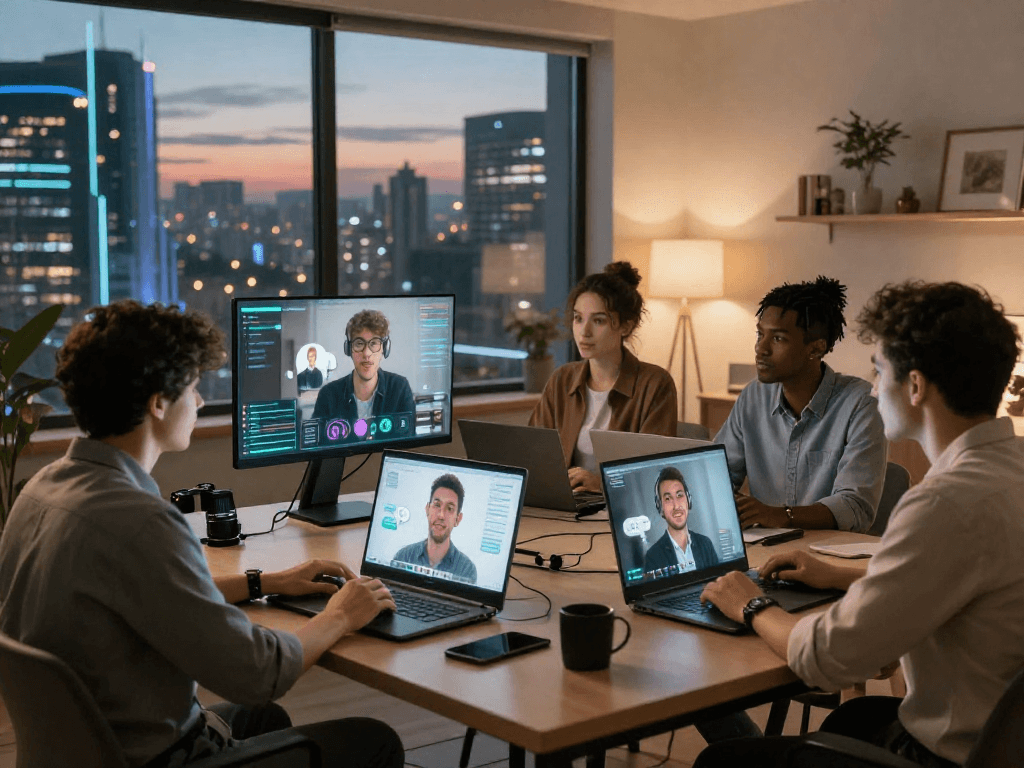 Engaging ai sex chat scene with diverse individuals interacting through modern devices and digital avatars.