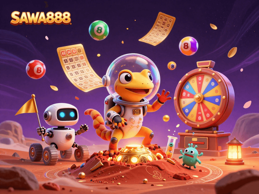 Engage with SAWA888's adventurous Martian gecko in a vibrant casino discovery scene filled with colorful lottery elements.