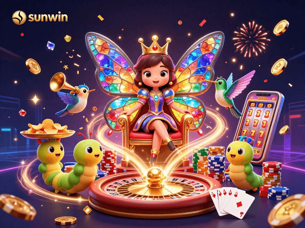 Experience thrilling gaming at sunwin with a dazzling 3D butterfly queen and casino elements.