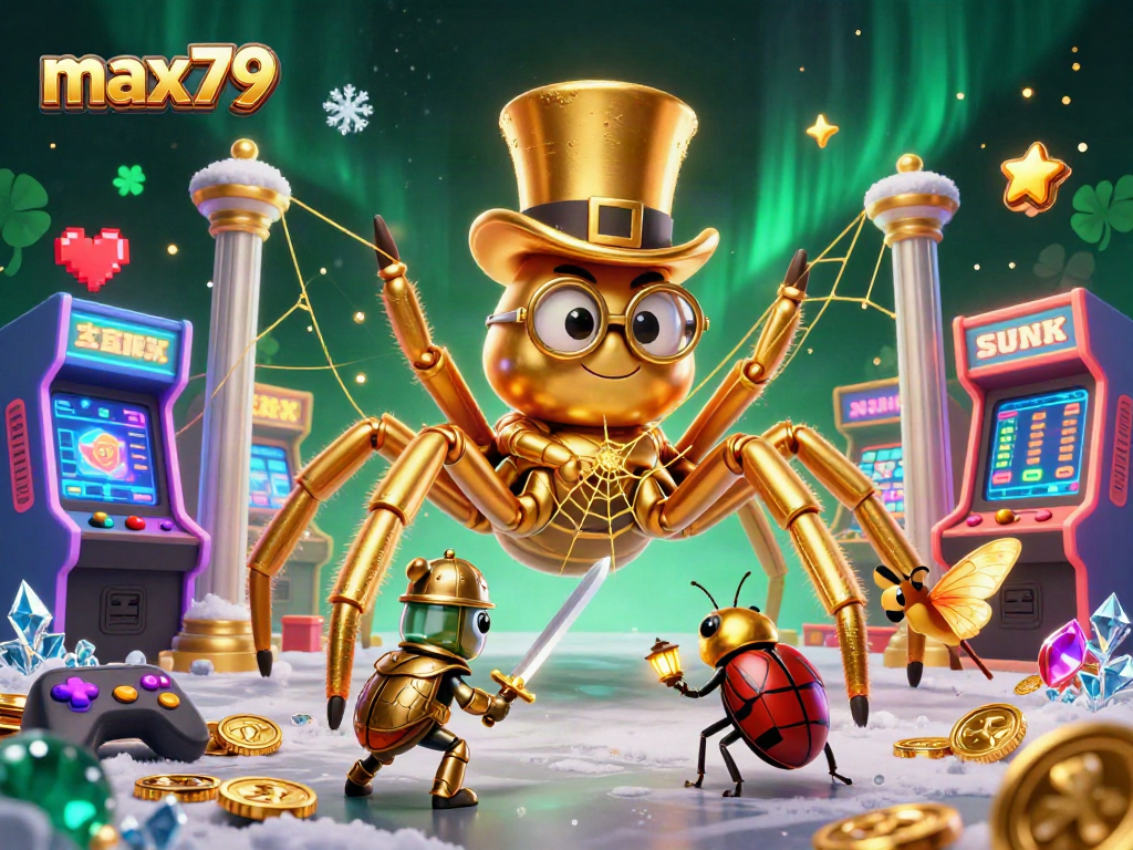 Experience thrilling gameplay at max79 with a cartoon depiction of a casino adventure featuring a golden tarantula and a knight.