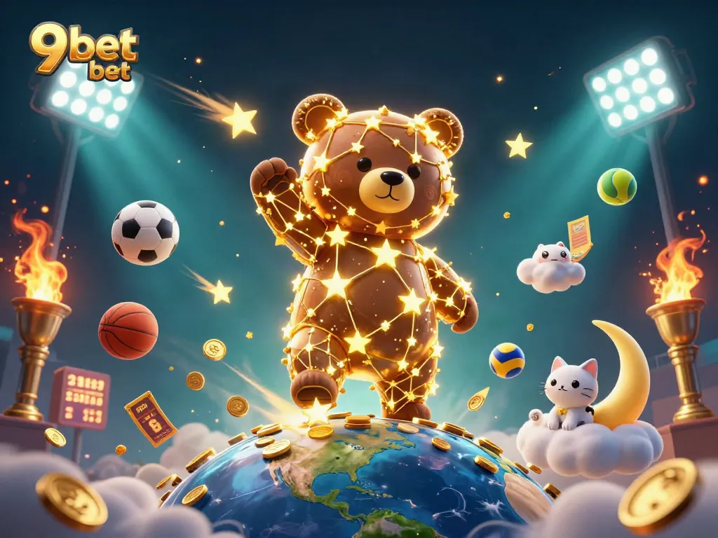 Win prizes with 9bet bet in an immersive illustration featuring dynamic sports and casino elements.