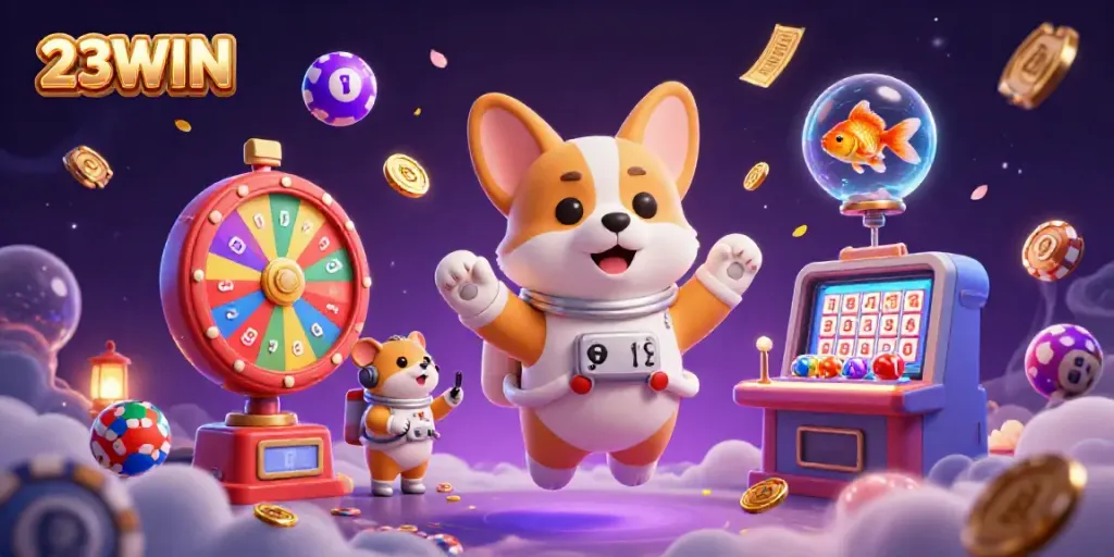Engage in lively gaming fun with 23WIN as a playful astronaut corgi navigates a cosmic casino.