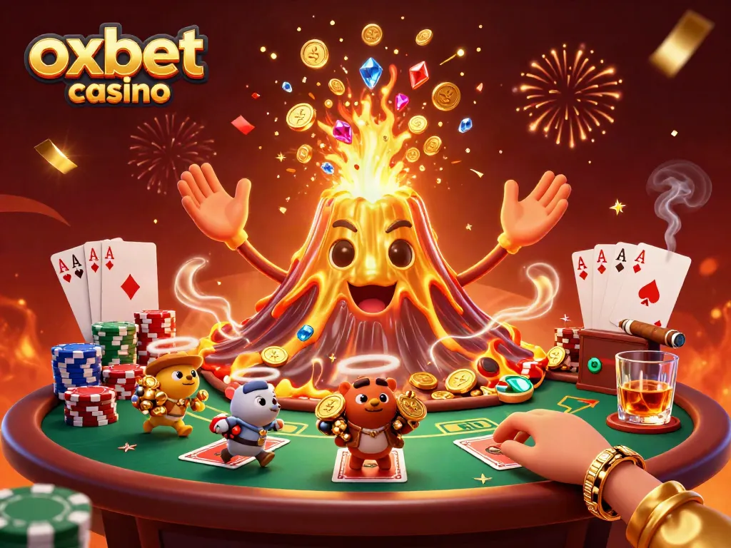 Experience thrill at OXBET casino with a triumphant volcano erupting coins as tiny explorers gather treasure.