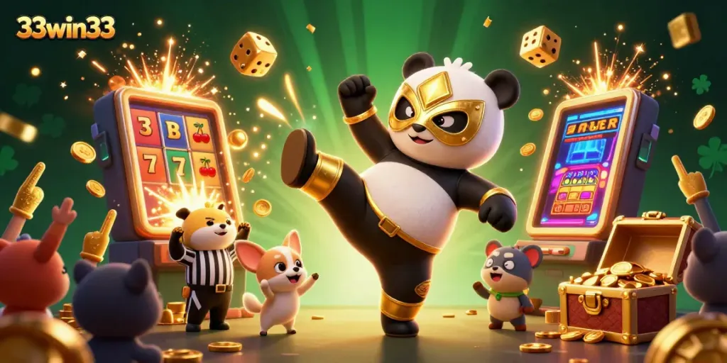 Engage in exciting gameplay at 33win33, where cartoon pandas and chihuahuas celebrate casino wins!