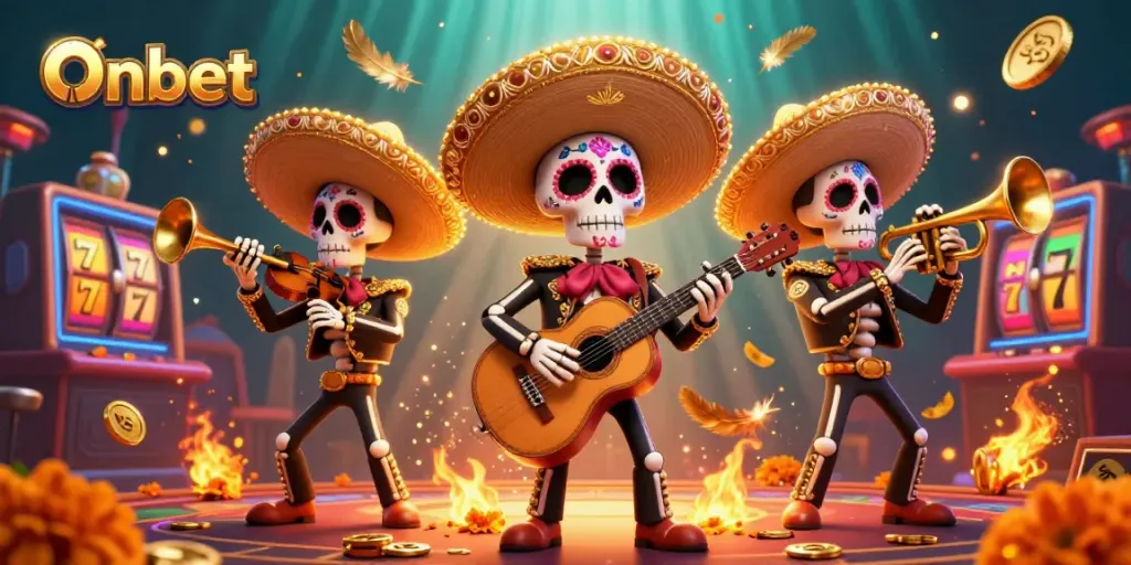 Experience the vibrant energy of Onbet with colorful skeleton mariachi characters amidst a lively casino setting.