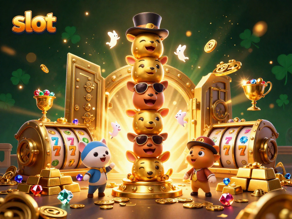 Spin the slot with a vibrant 3D casino scene bursting with golden treasure and lively characters.