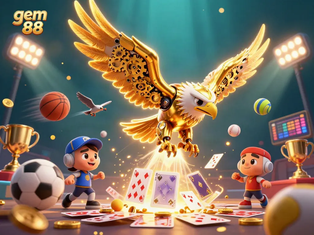 Experience thrilling wins at gem 88 with a dynamic casino scene featuring a golden eagle amidst sports and gaming elements.