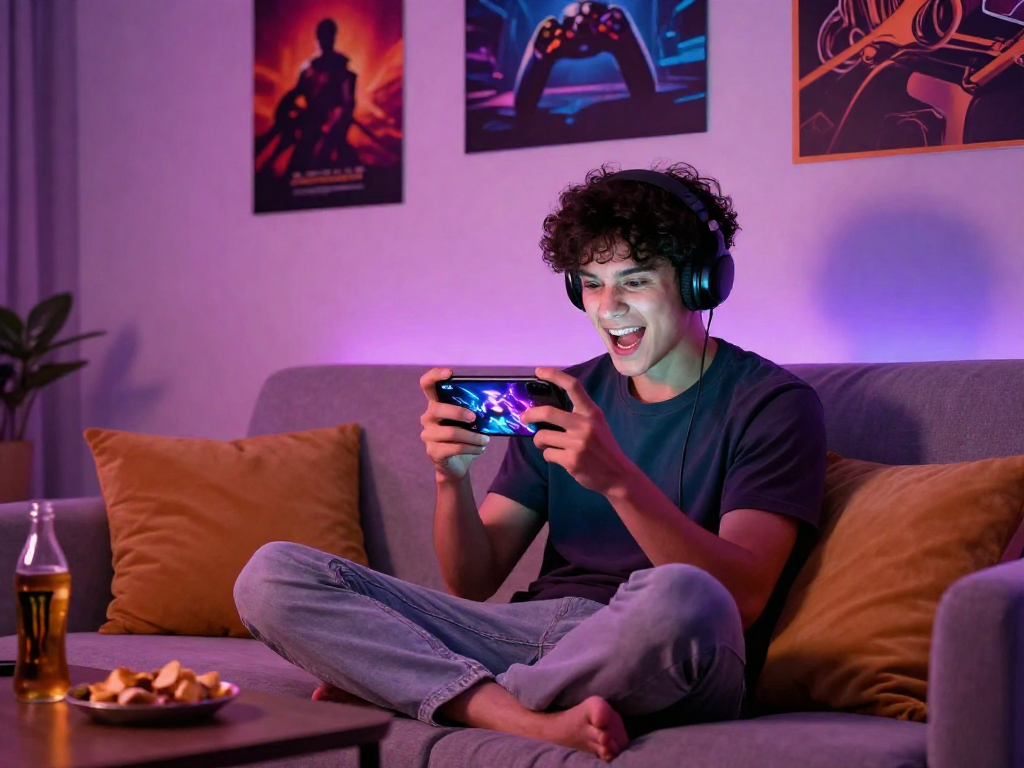 Enjoying mobile porn games on a smartphone with vibrant graphics in a cozy setting.