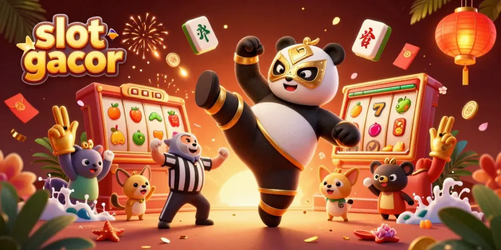 Experience the thrill of slot gacor with a playful panda wrestler and popcorn cheering animals.