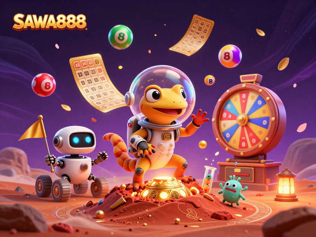 Engage with SAWA888's adventurous Martian gecko in a vibrant casino discovery scene filled with colorful lottery elements.