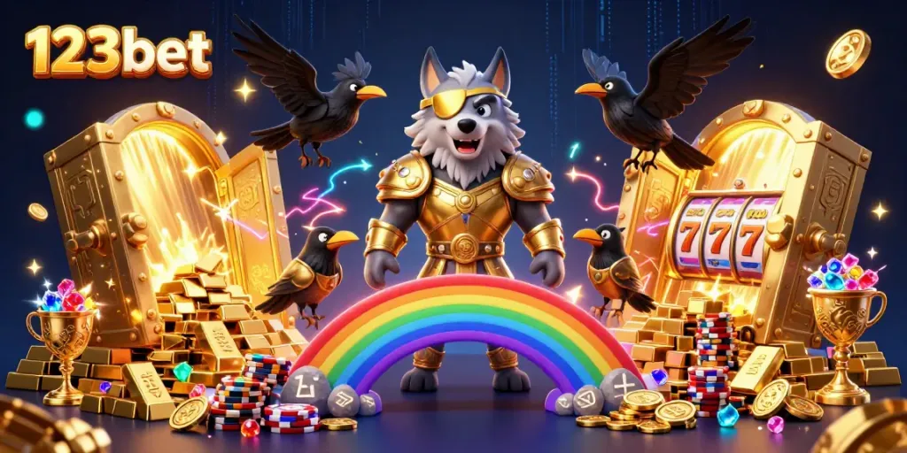 Engage with 123bet in this vibrant casino-themed illustration featuring Odin and riches.