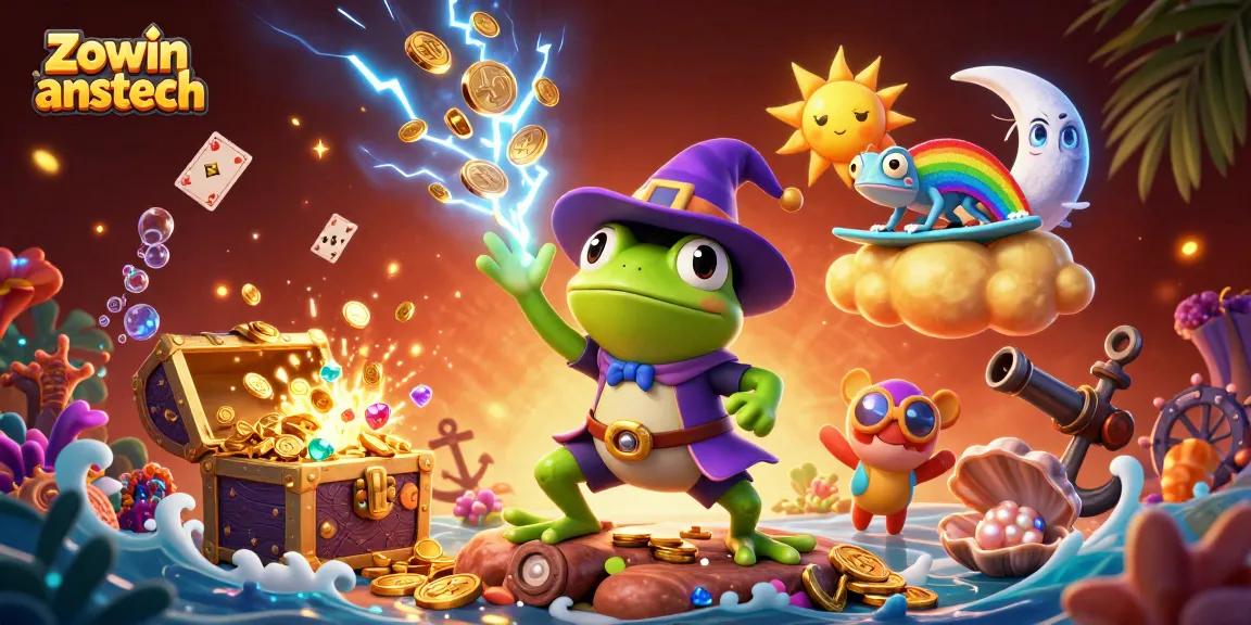 Experience thrilling wins with zowin anstech in this vibrant casino-themed 3D illustration.
