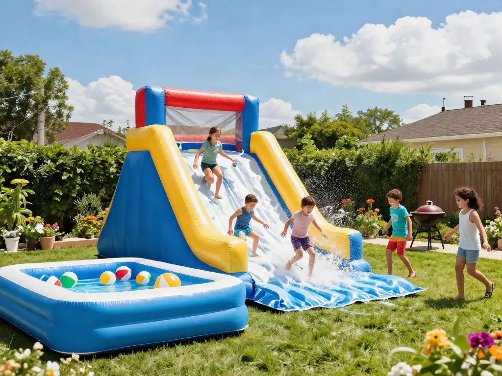 Children having fun on a colourful inflatable water slide in a sunny backyard.