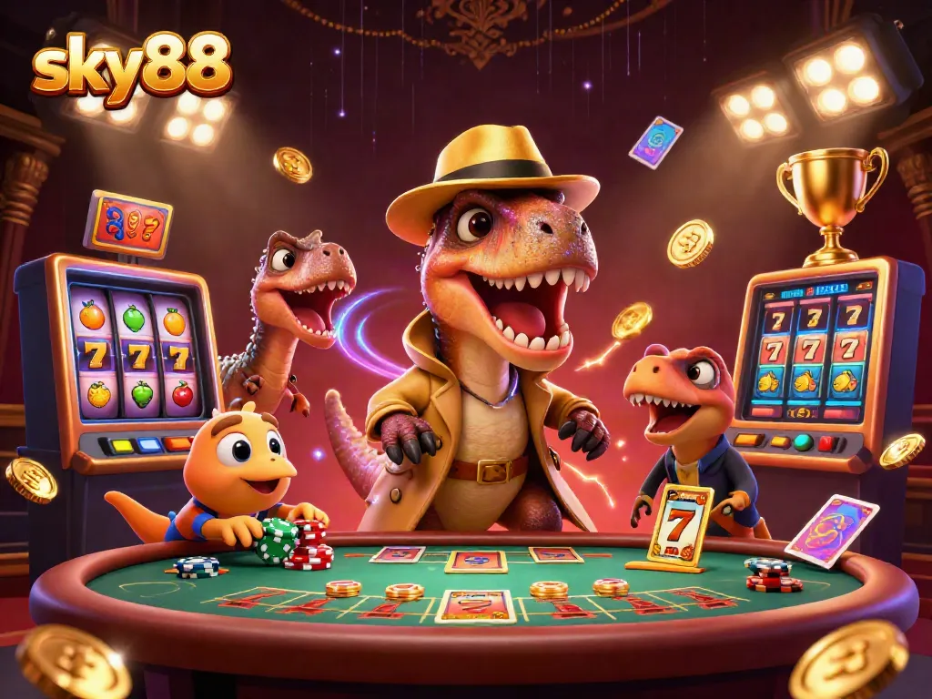 Sky88 casino scene featuring a velociraptor card counter, stegosaurus pit boss, and compy pickpocket amidst slot machines.
