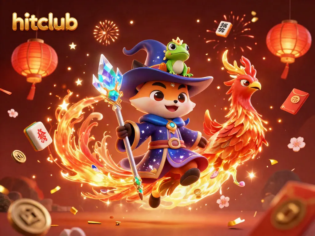 Experience the vibrant gaming atmosphere of Hitclub with a mystical wizard, phoenix, and festive elements.