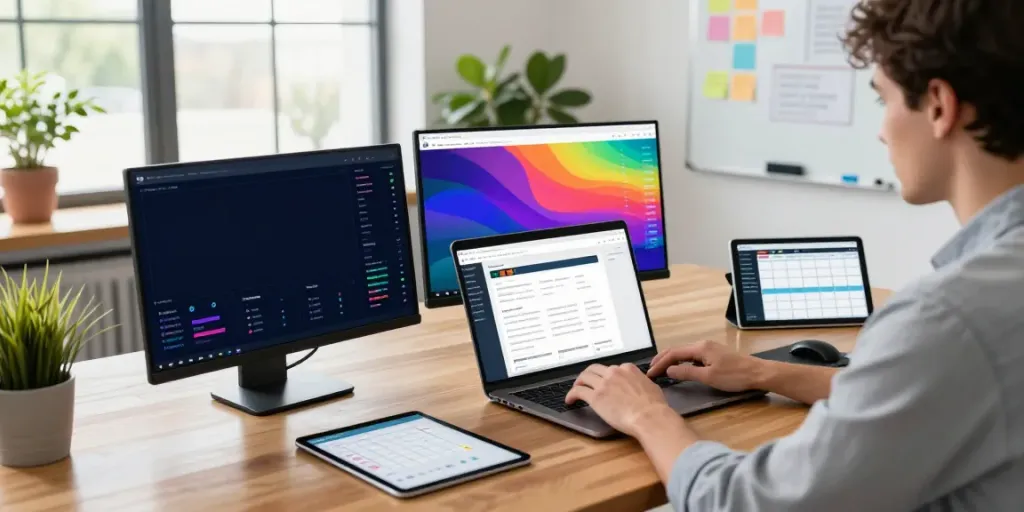 Digital marketer using instant indexing strategies at modern workspace, surrounded by analytical tools and brainstorming materials.