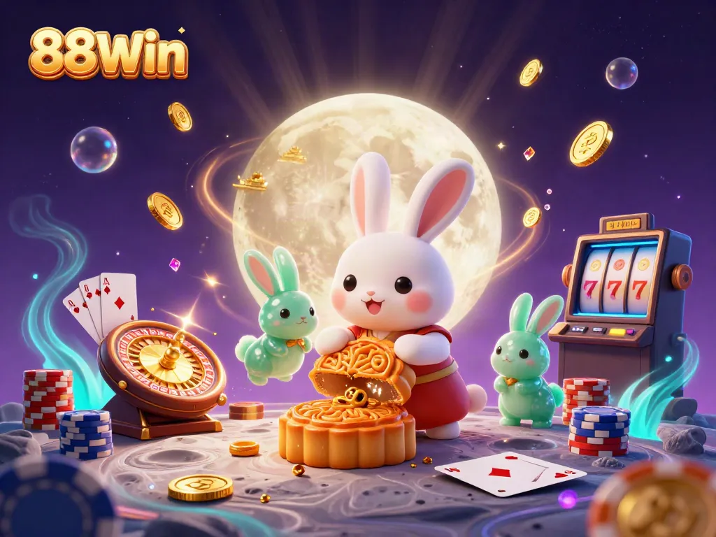 Engage with 88Win's exciting thematic casino scene featuring a moon rabbit and thrilling game elements.