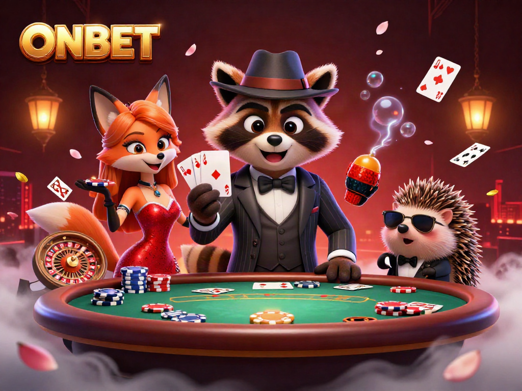 Join the action at ONBET with a suave raccoon holding a royal flush among lively casino elements.