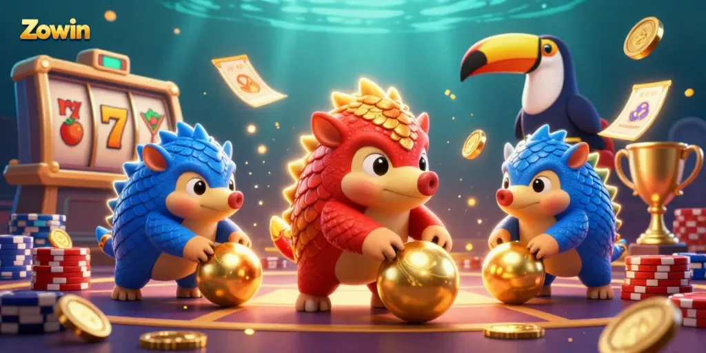 Zowin showcases a playful competition between vibrant pangolins rolling golden balls in a dynamic casino scene.