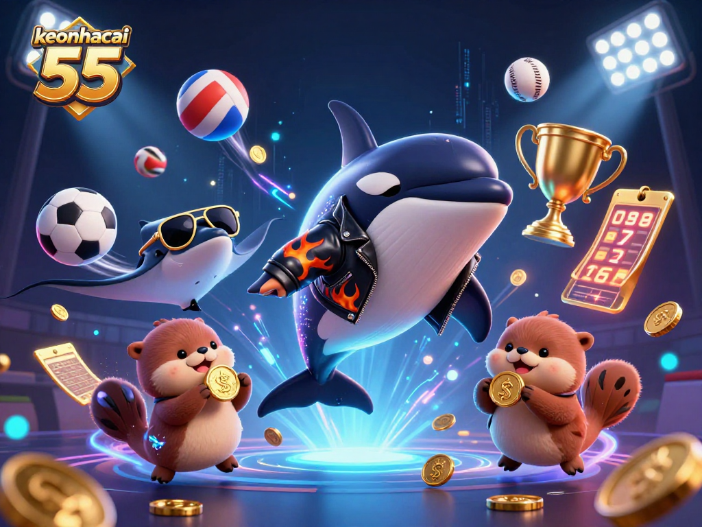 Bet on exciting wins with keonhacai 55 illustrated through a dramatic 3D scene of sea creatures and sports elements.
