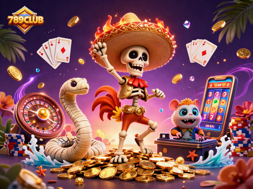 Experience gaming excitement at 789CLUB with vibrant characters celebrating wins on coins.