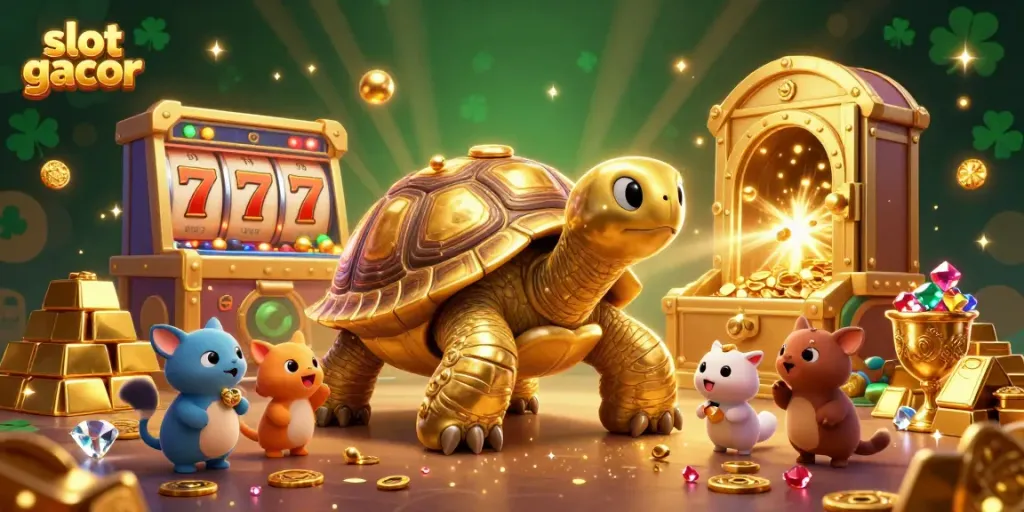 Engaging scene with slot gacor tortoise as a pinball machine delighting players in a vibrant casino.