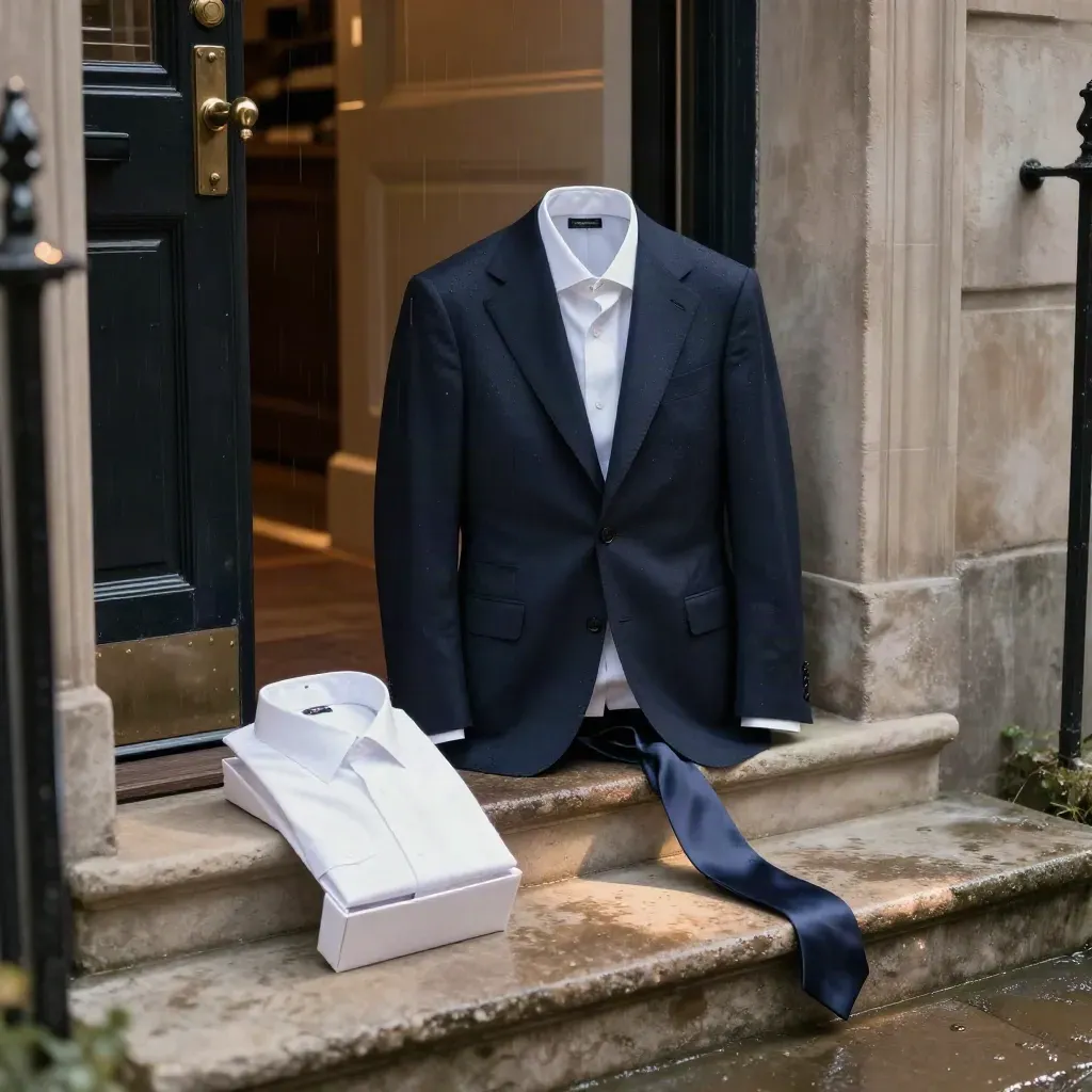 Navy suit jacket, white shirt box, and tie on wet stone steps by a dark doorway.