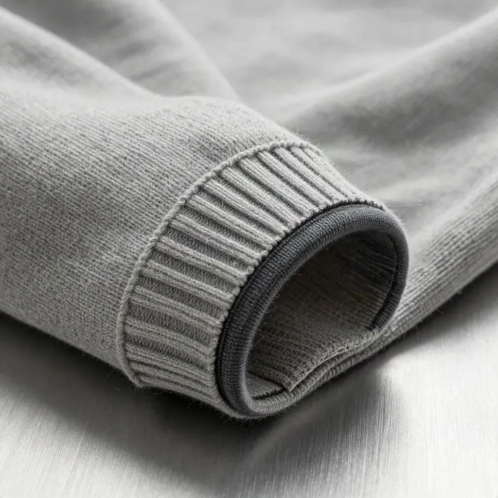 Close-up of a folded grey merino crew knit with rib texture and shoulder seam