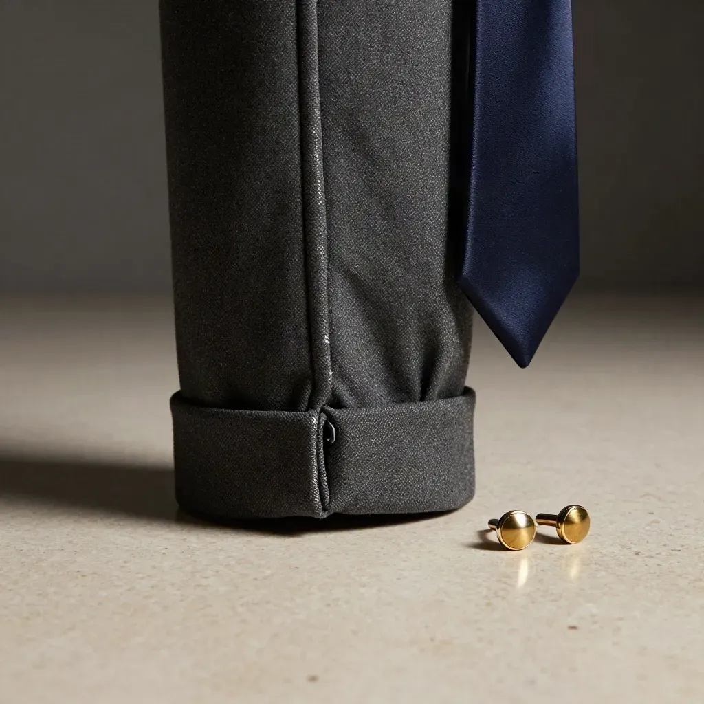 Charcoal flannel trousers with tie and cufflinks on travertine, lit dramatically.