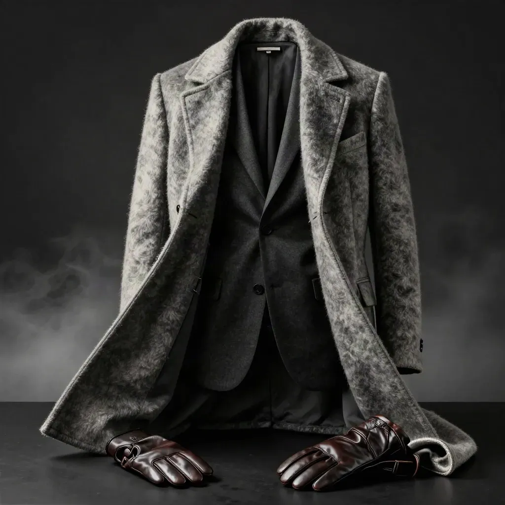 Coal cashmere overcoat open over a suit and scarf, low dramatic studio angle.