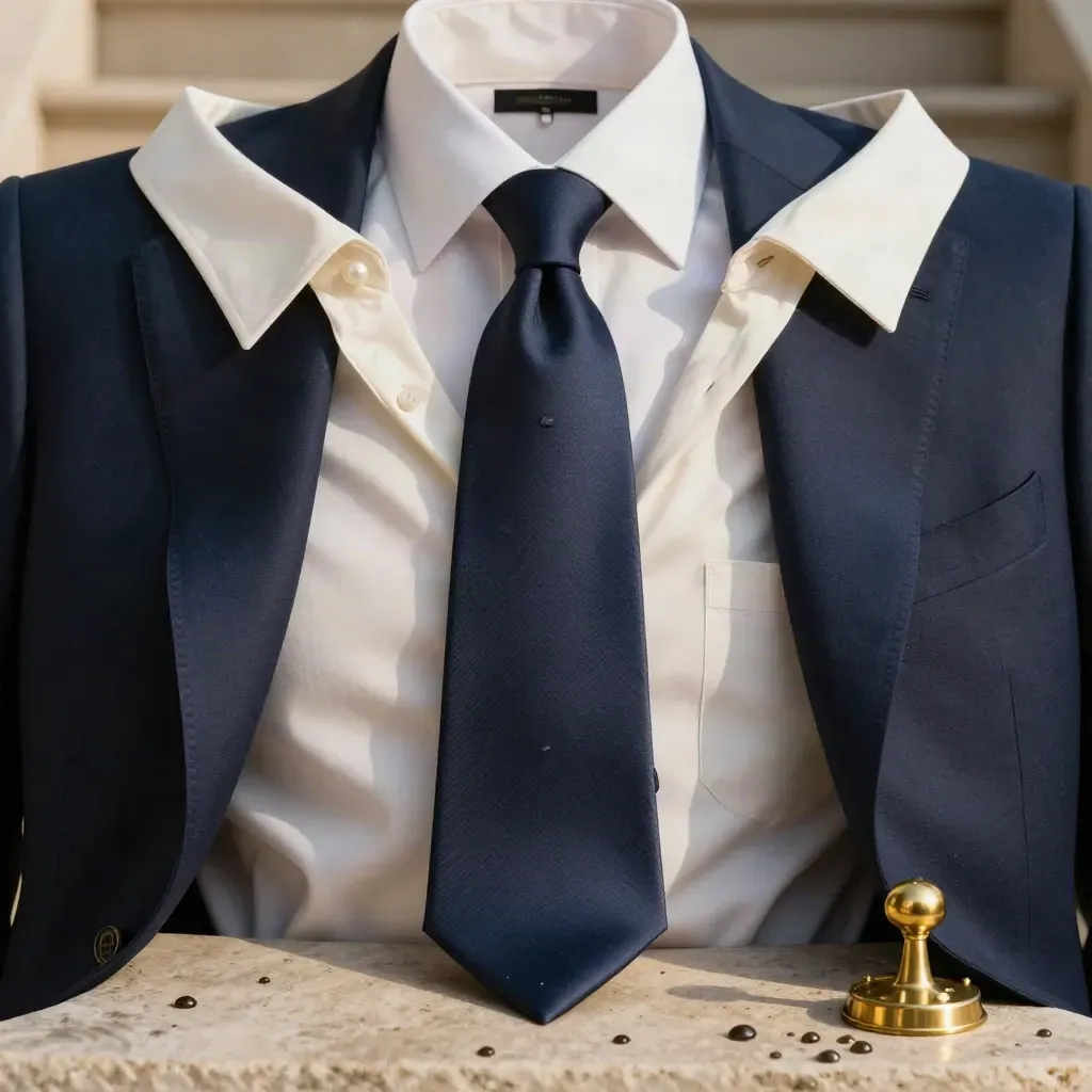Navy suit, two ivory shirts and silk tie staged on stepped stone with brass accent, low theatrical hero shot.