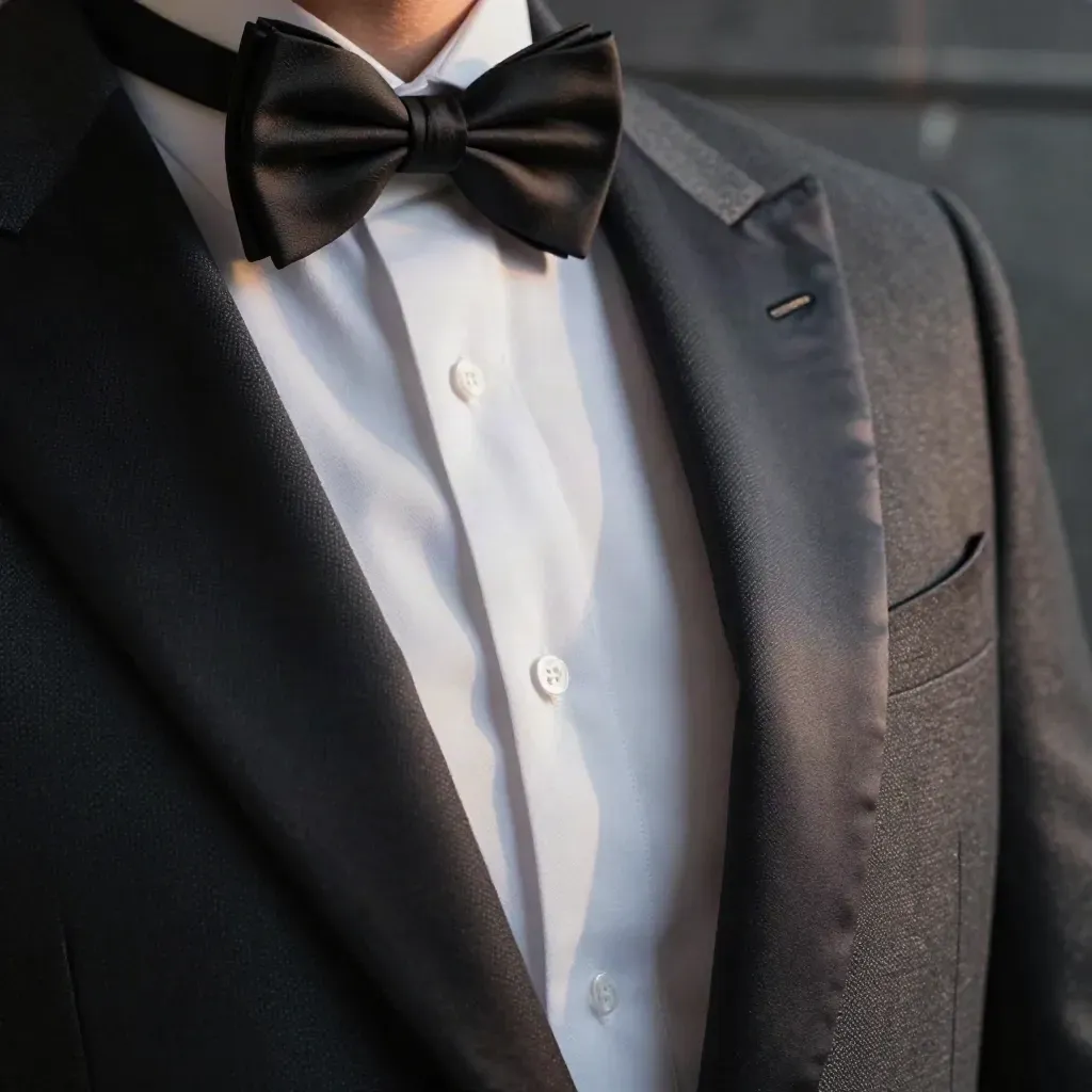 Midnight dinner jacket with satin lapel, white shirt front and black bow tie in dramatic studio light