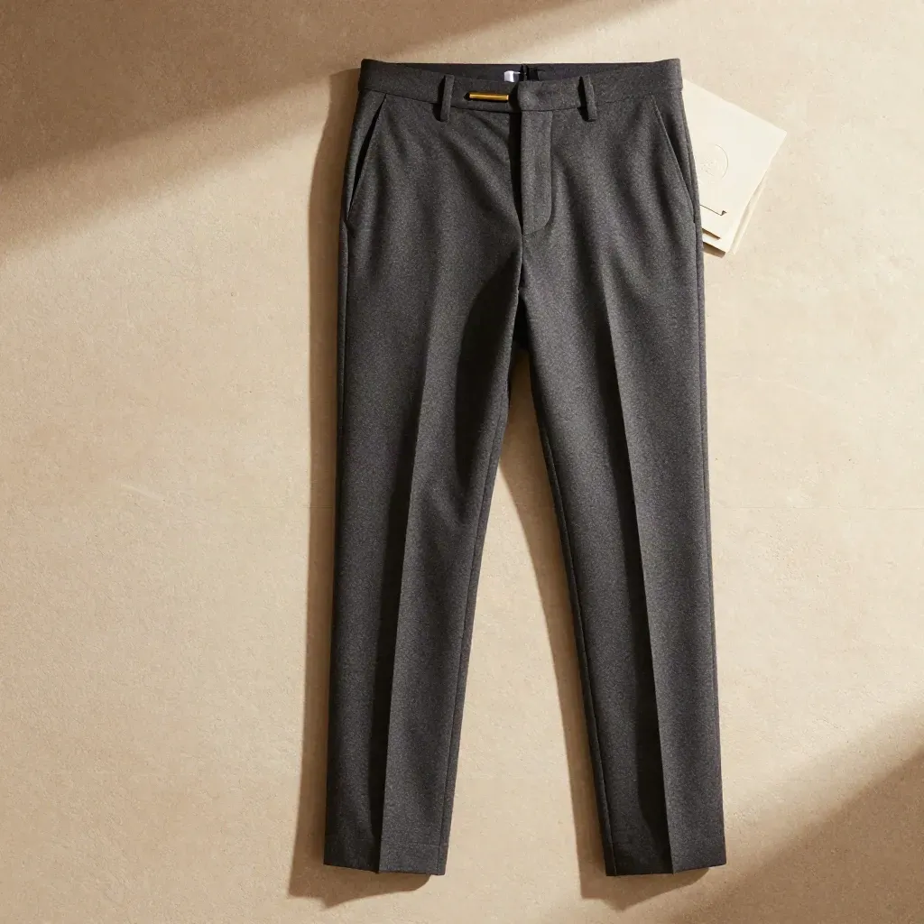 Overhead flatlay of slim wool trousers with shirt cuff and brass tie bar