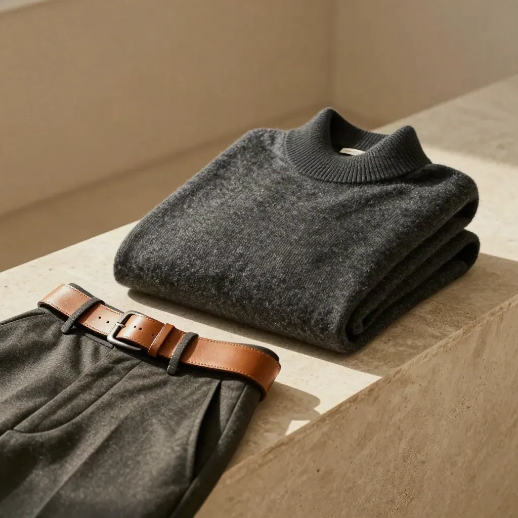Charcoal merino roll neck folded beside trousers and a leather belt on pale stone