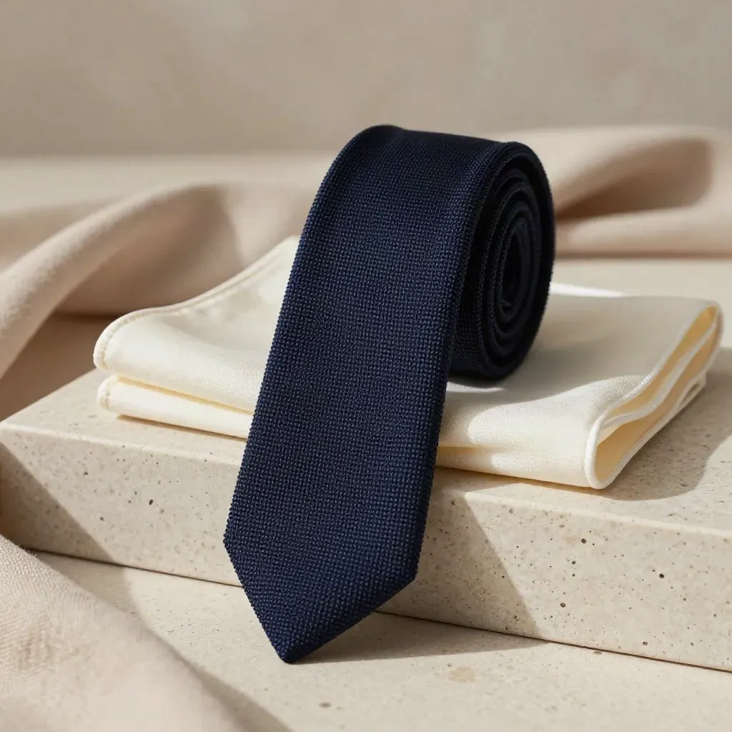 Midnight navy silk knit tie with pocket square on pale stone, luxury studio product hero