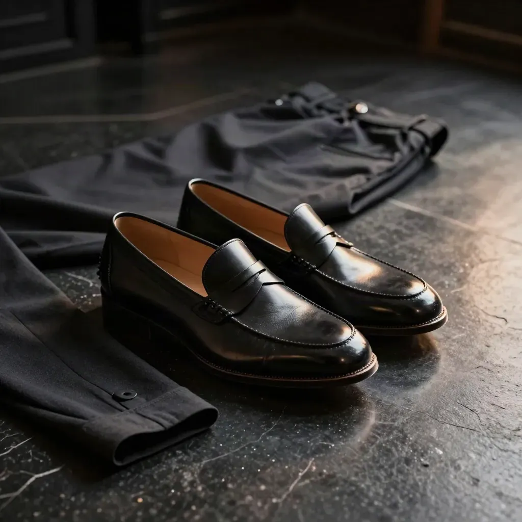 Black leather loafers beside a trouser hem and shoetree on a dark studio floor.