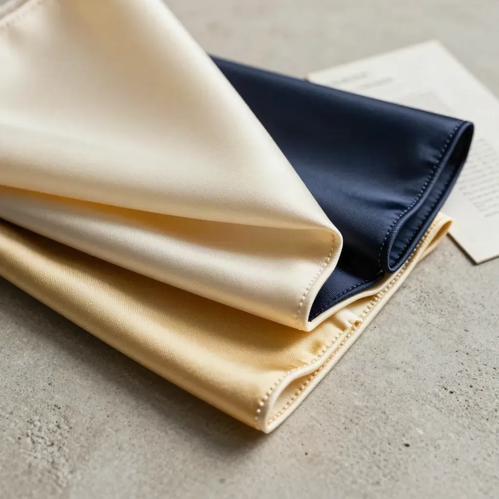 Three ivory, brass and navy pocket squares fanned in a macro close-up on cool concrete.