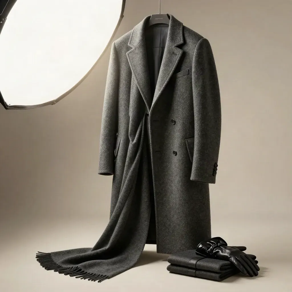 Charcoal topcoat draped over a suit jacket, scarf and gloves on pale plaster, low heroic angle.