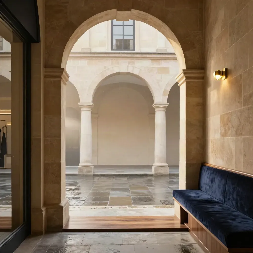 Sandstone arcade and cream courtyard with navy accents, lit by soft morning haze.