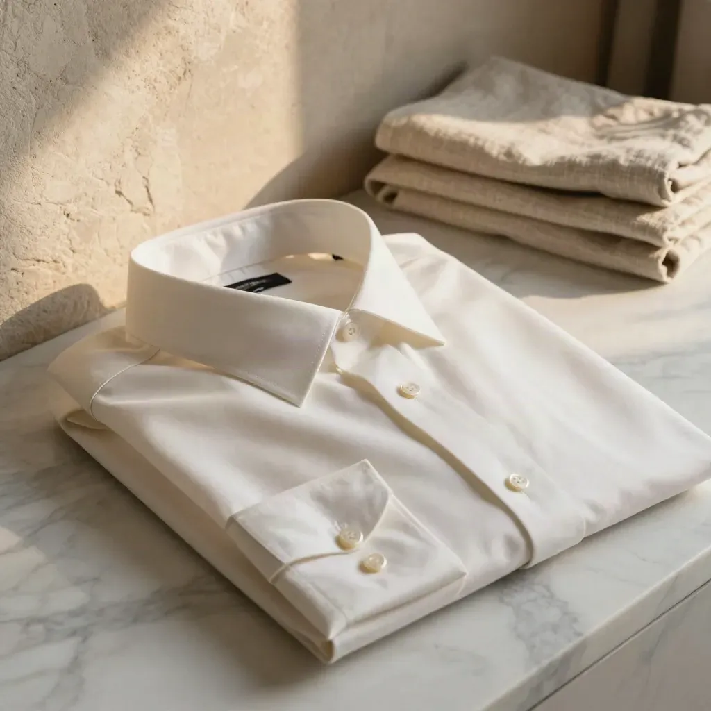 Ivory shirts on pale marble with linen drapery and sunlight for copy space