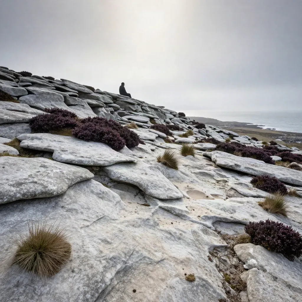 Mist over a limestone coastal slope with heath and grasses under soft overhead light.
