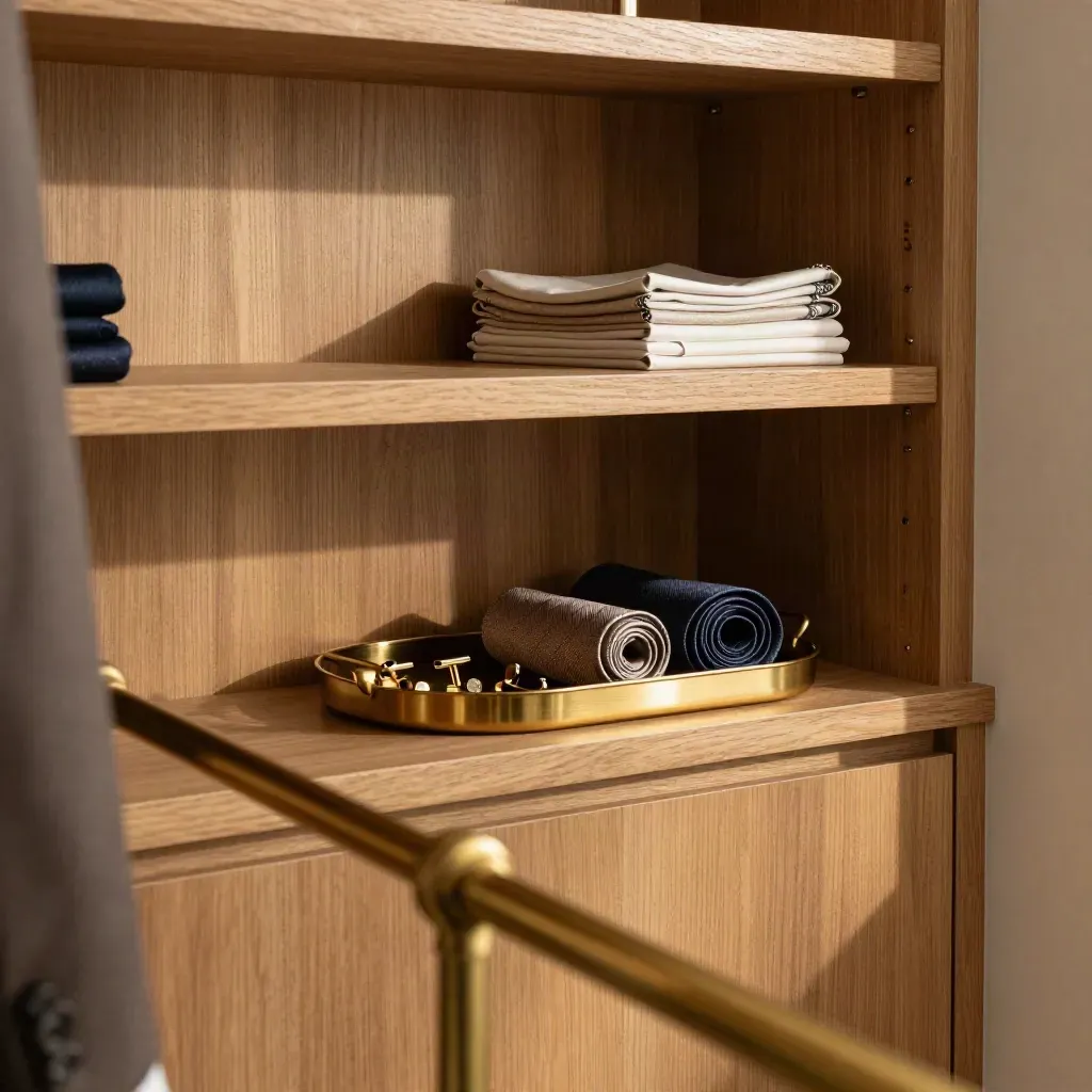 Oak and brass dressing room shelf with cufflinks, ties and pocket squares in warm sunlight