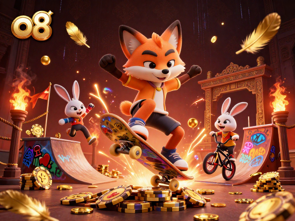 Engage with the thrilling world of o8's dynamic gaming environment featuring vibrant characters and casino elements.
