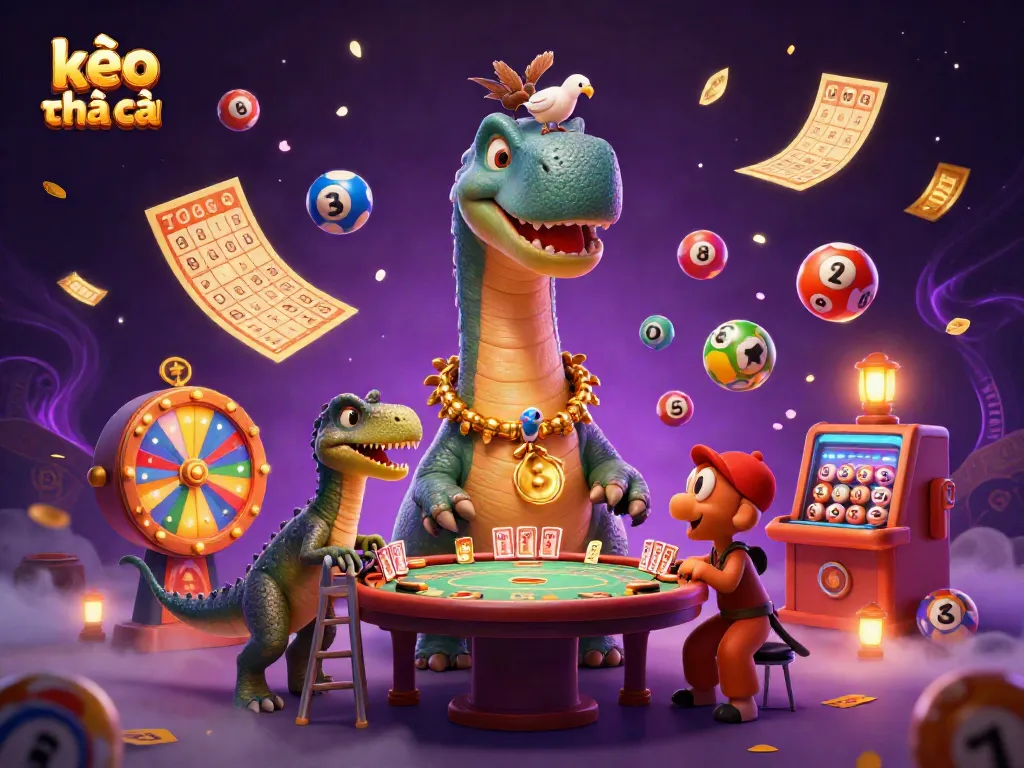 Engage in kèo nhà cái excitement with a brontosaurus in a vibrant casino scene.