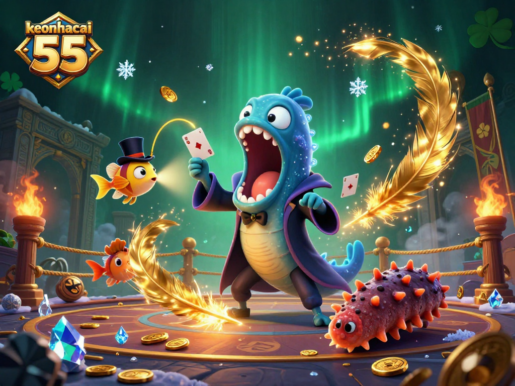 Experience the magic of keonhacai 55 with a bioluminescent eel performing card tricks in a stunning 3D scene.