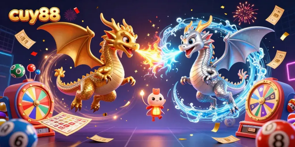 Experience the excitement of cuy88 with dynamic dragons and colorful gambling elements in a vibrant casino scene.