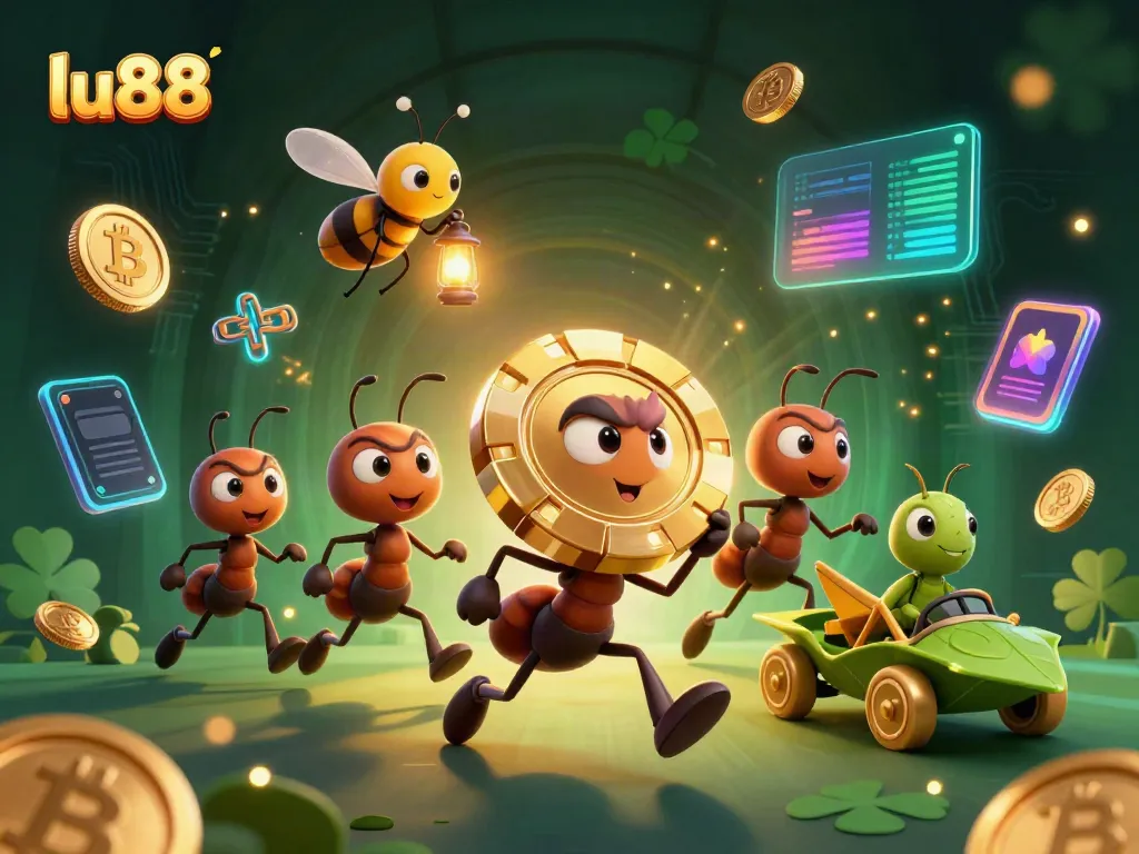 Experience a thrilling lu88 heist with ants carrying massive poker chips amidst crypto elements.