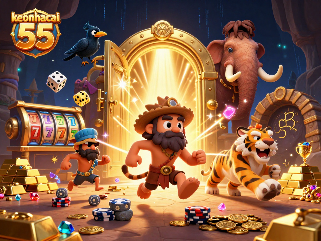 Join the action at keonhacai 55 with a dynamic prehistoric casino scene filled with excitement and treasures.