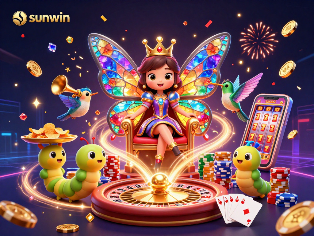 Experience thrilling gaming at sunwin with a dazzling 3D butterfly queen and casino elements.